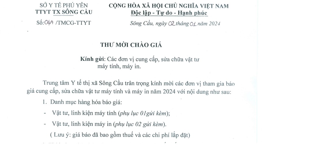 Thư chào giá Cung cấp thi công, sửa chữa vật tư máy in, máy tính